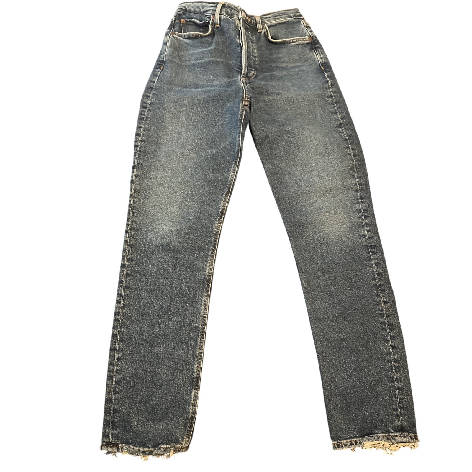 Agolde Riley Long High Rise Straight Leg Jeans Distressed Raw Hem Size 24